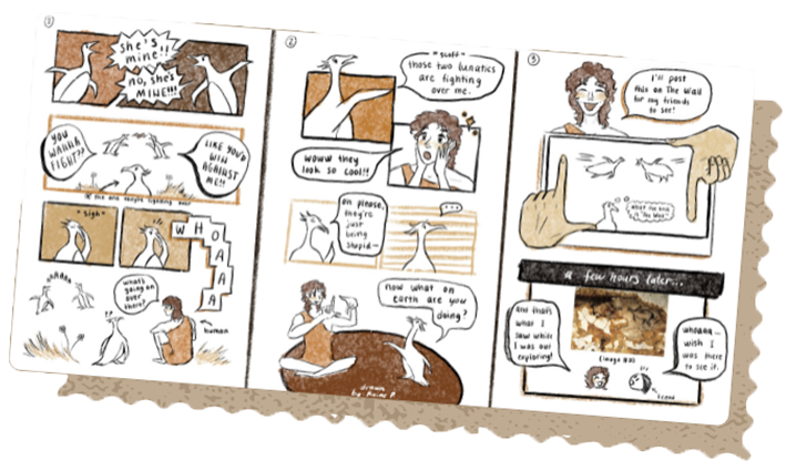 Digital art comic about prehistoric humans and birds